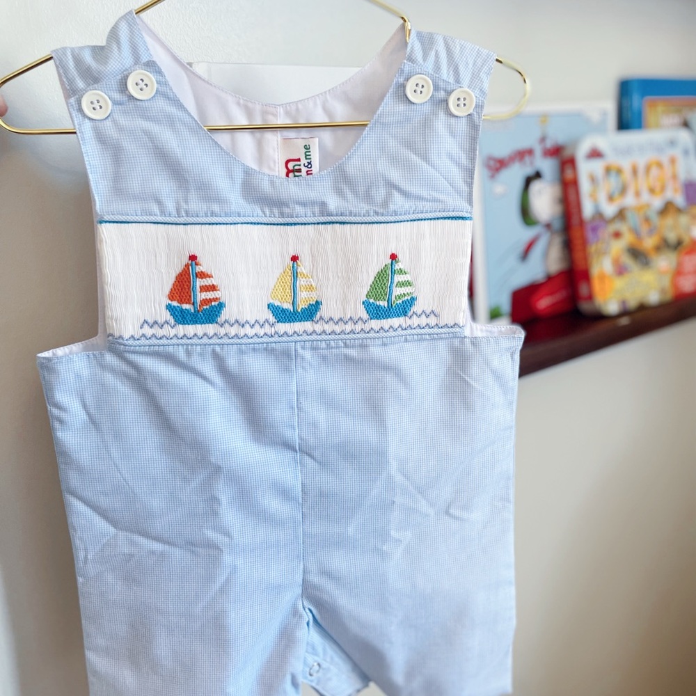 Baby Boy’s Hand Smocked Blue Gingham Sailboat Jon Jon